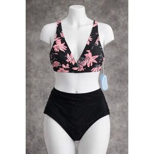 Hilinker Bikini Set Swimsuit Women Large Black Floral Beach V-Neck High Waist